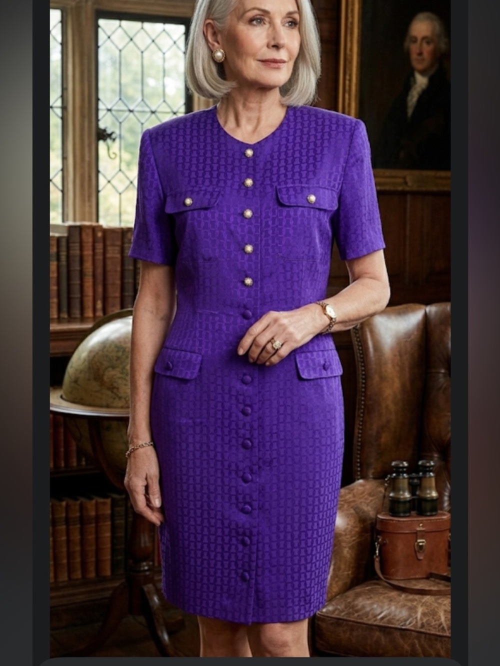 Argenti 100% Silk Royal Purple Jacquard Faux Pocket Dress Size 10